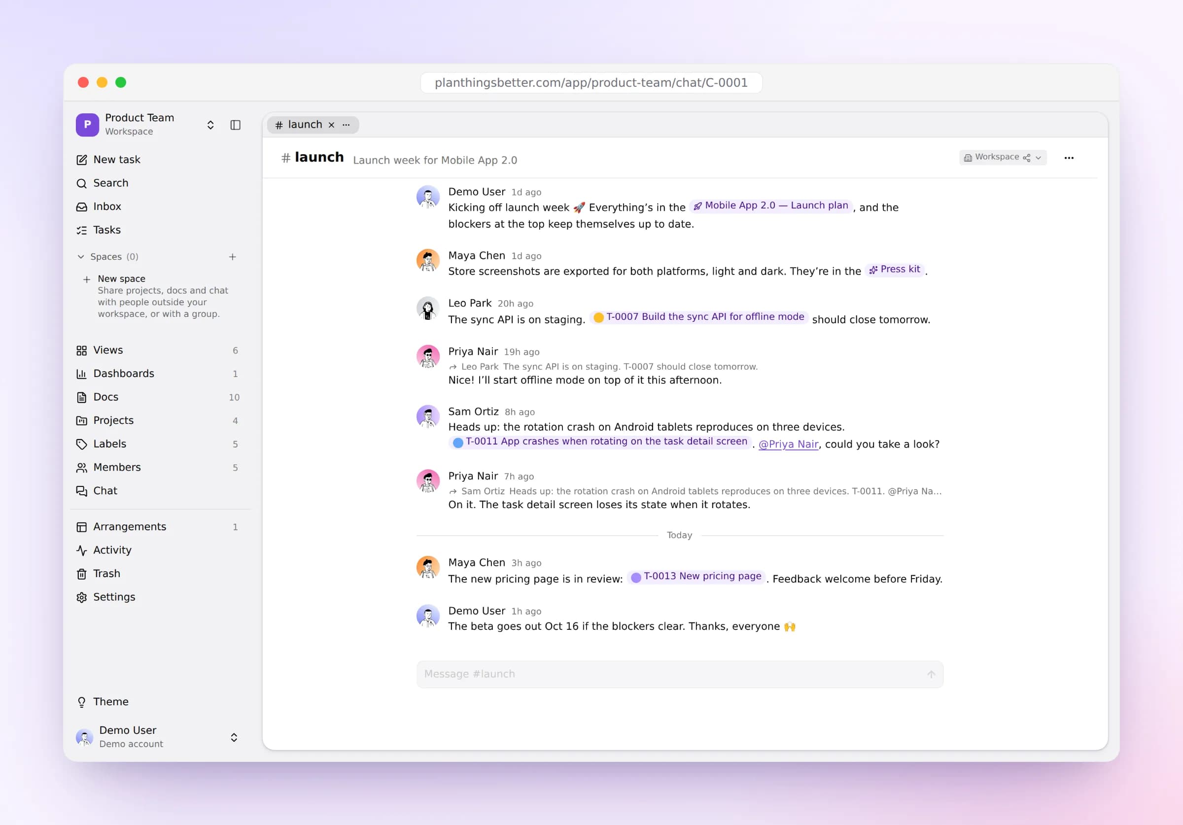 A team chat channel with links to tasks and docs, replies and @mentions.