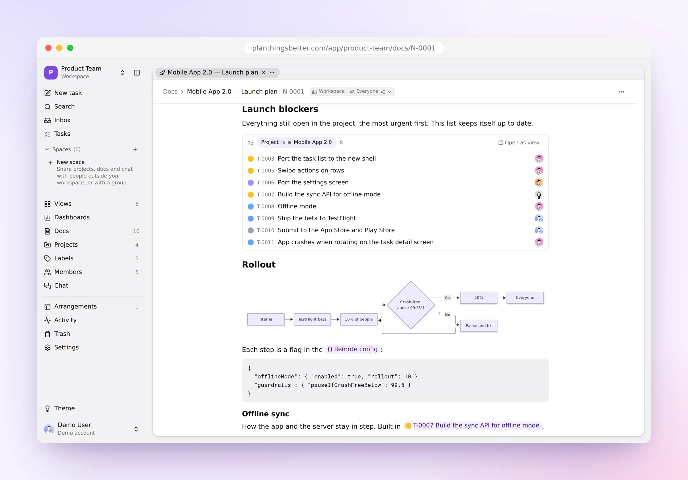 A launch plan page with a live list of the project’s open tasks, a rollout flowchart and a code block.