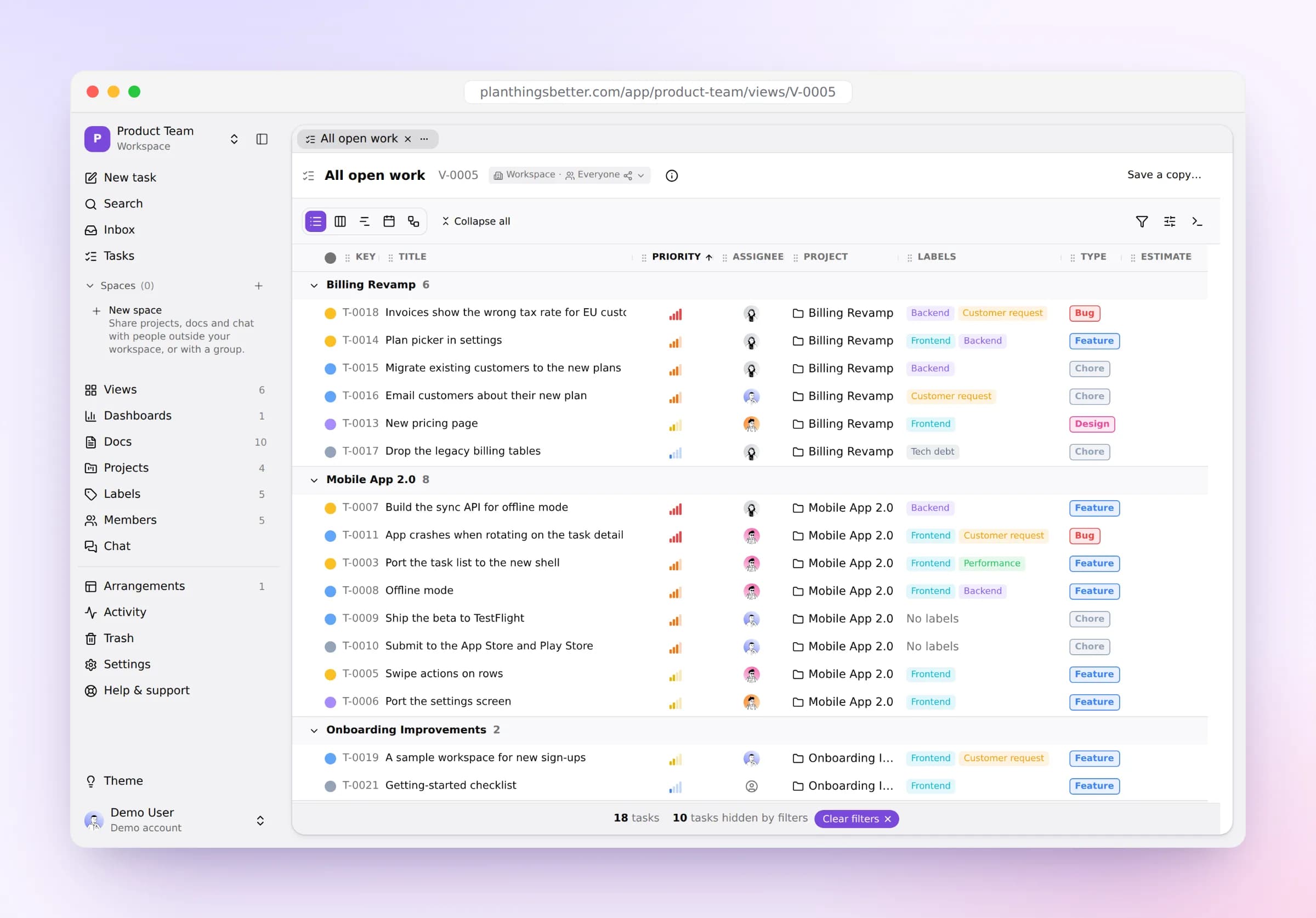 The List layout: a team’s open tasks grouped by project, with priority, assignee, labels and type.