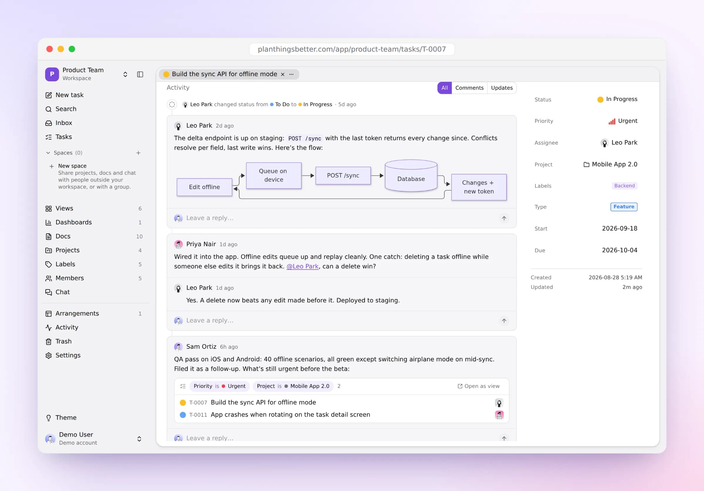 A task’s comment thread: a flowchart in one comment, a live list of urgent tasks in another.
